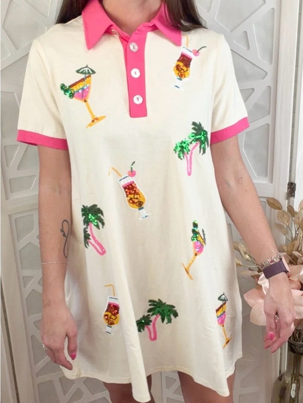 Cream Mini Polo Dress with Pink Trim and Sequin Tropical Motifs